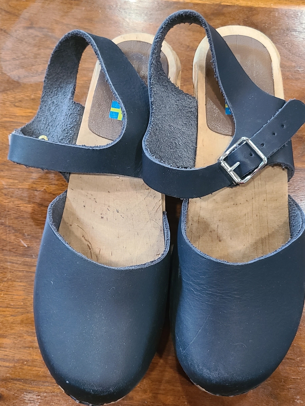 MIA Black Leather Slingback Clogs with Silver Buckle